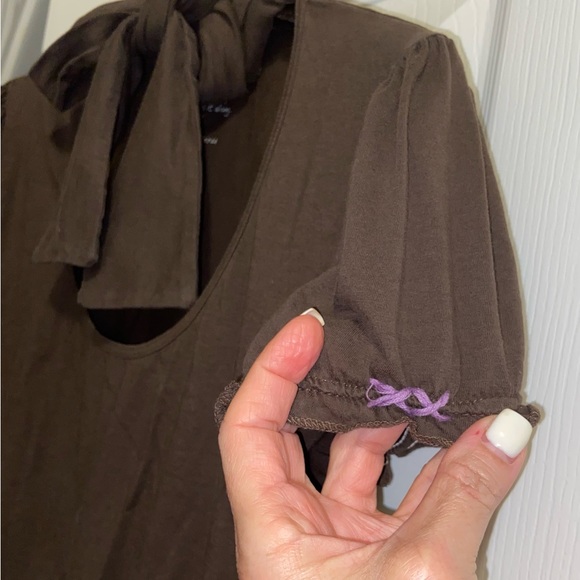 Project E Vintage Brown Short Sleeve Scarf Tie Style Blouse Top Medium - Picture 5 of 9